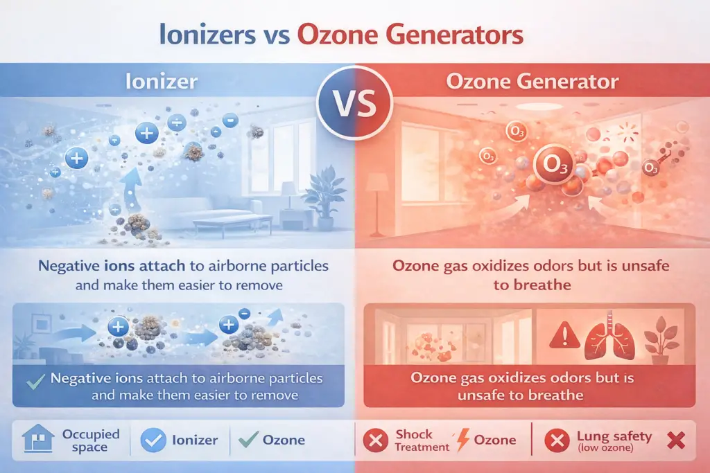 Educational infographic comparing ionizers and ozone generators using conceptual diagrams—showing how negative ions clump airborne particles in occupied rooms versus ozone gas oxidizing odors in sealed, unoccupied spaces, with safety and usage differences clearly illustrated.
