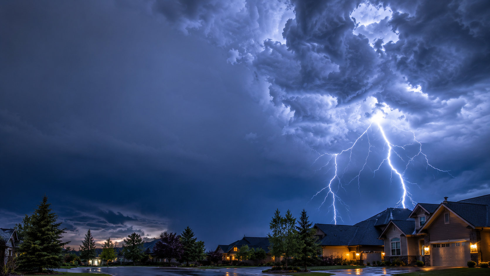 Photorealistic thunderstorm approaching a suburban neighborhood at dusk, dramatic lightning illuminating dark storm clouds, faint blue electrical glow in the air, cinematic atmosphere, highly detailed, realistic weather photography, mysterious mood. Large empty space in the sky for website title text. Colors: deep blues, grays, and white lightning.