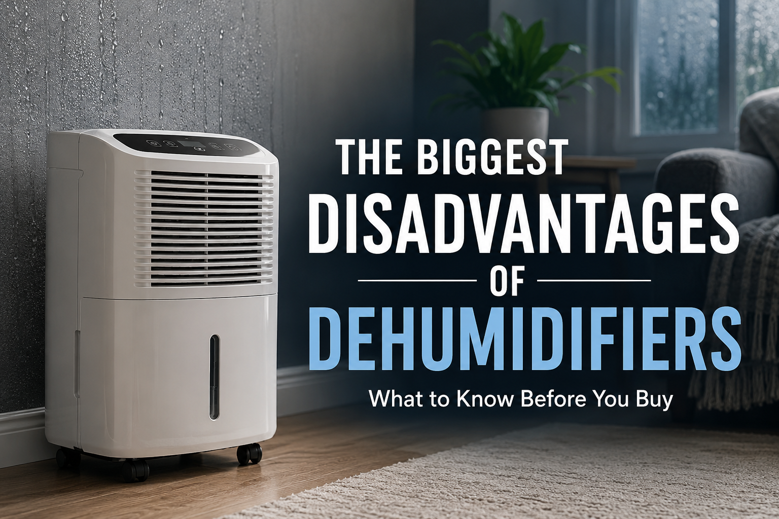 Portable home dehumidifier illustrating the biggest disadvantages of dehumidifiers, including noise, maintenance, heat, and energy use.