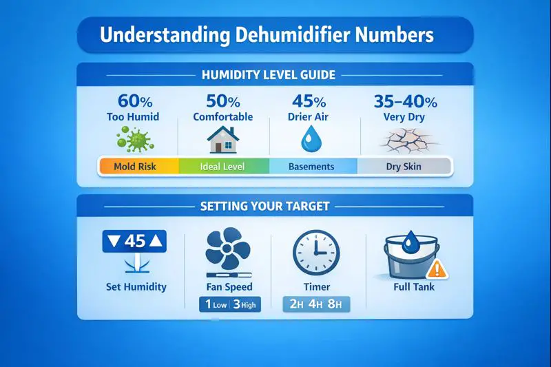 Infographic explaining what the numbers on a dehumidifier mean, including humidity percentage ranges, comfort levels, and common control buttons 