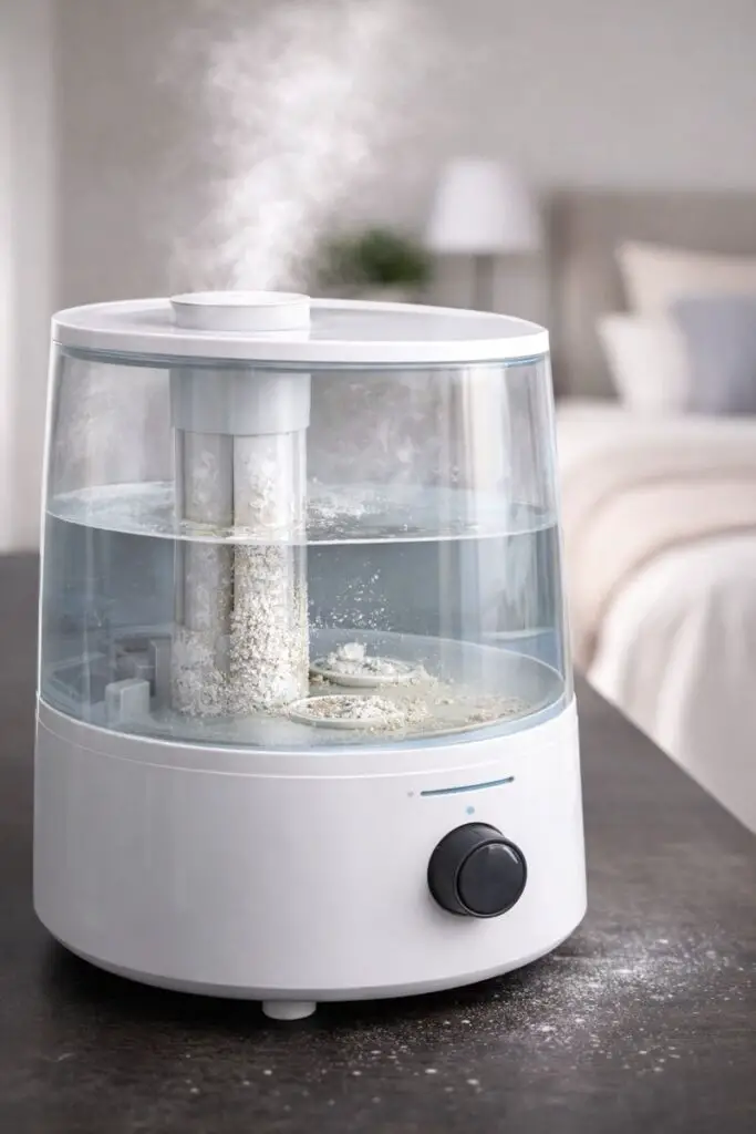 mineral buildup inside ultrasonic humidifier from tap water 