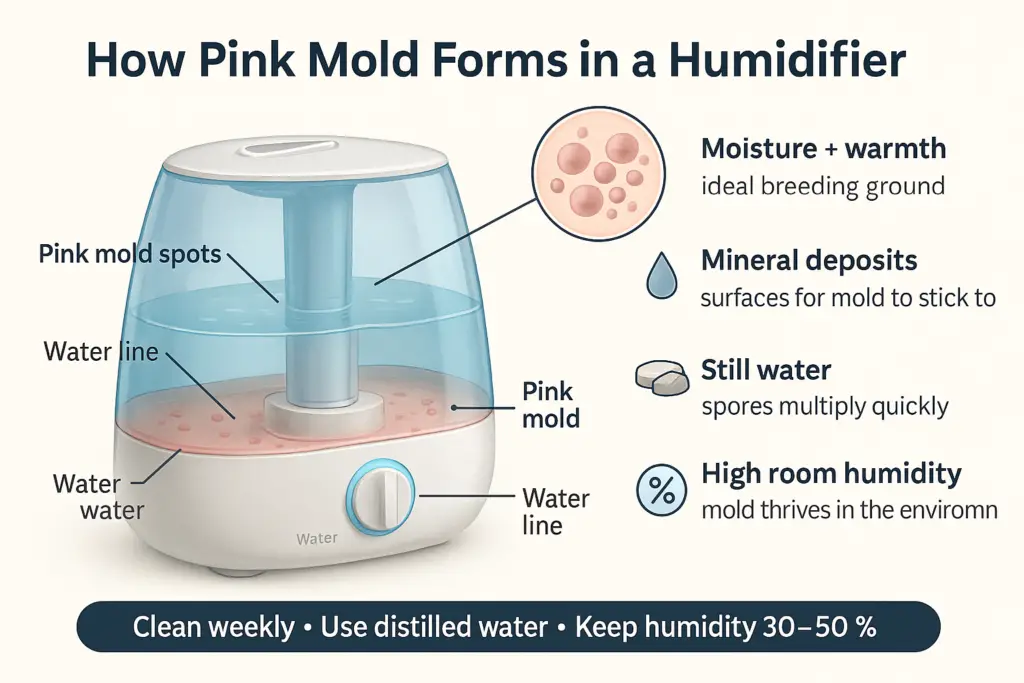 Educational diagram showing how pink mold forms in a humidifier, with labeled causes and prevention tips.