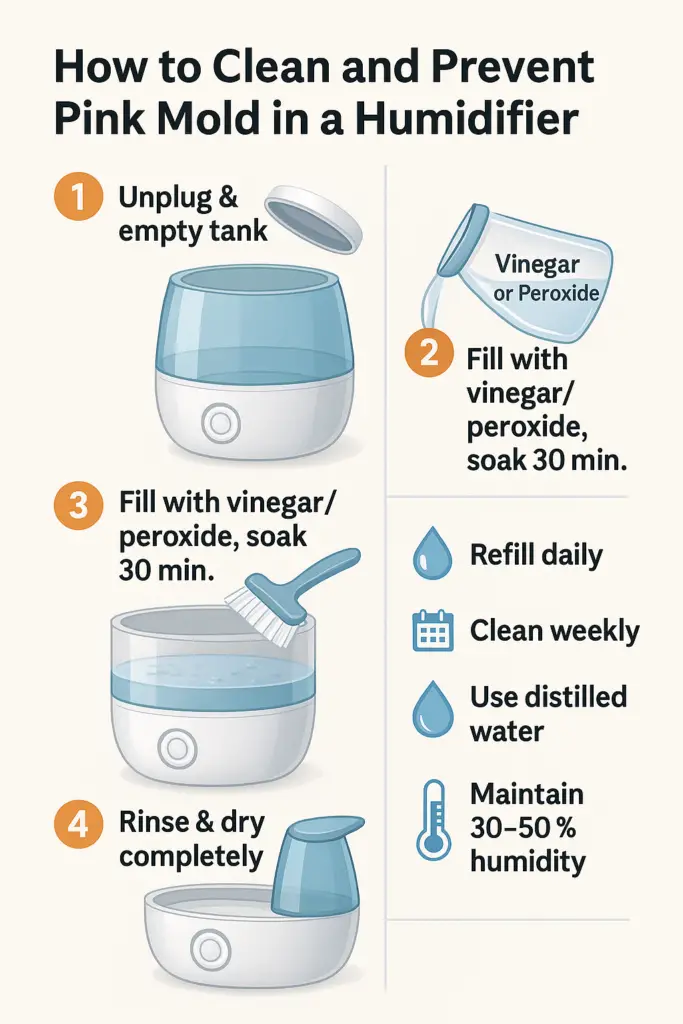 Step-by-step infographic showing how to clean and prevent pink mold in a humidifier.