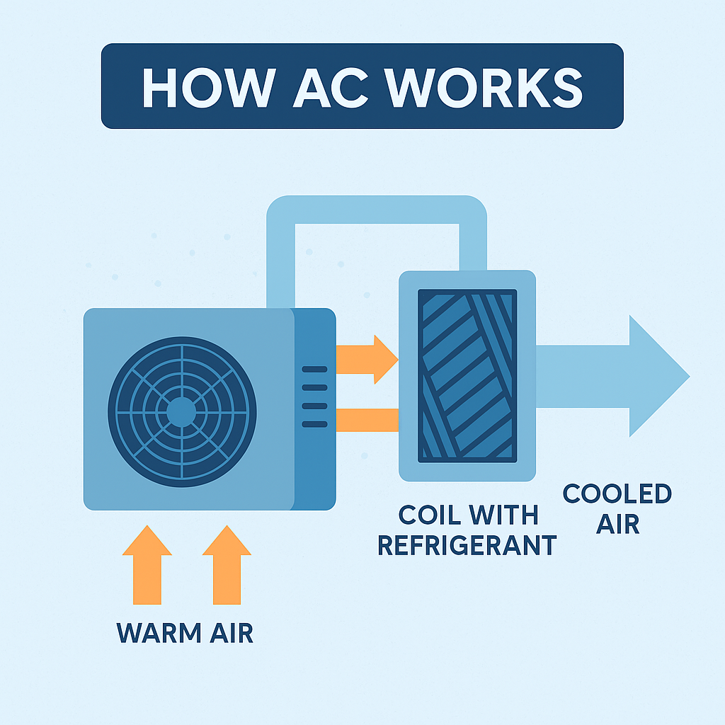 Diagram showing how an air conditioner works, with warm air pulled in, cooled by a refrigerant coil, and released as cool air into the home