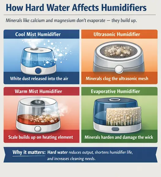 Educational graphic showing how hard water affects different humidifier types, including white dust from cool mist humidifiers, mineral buildup in ultrasonic units, scale on warm mist heaters, and wick damage in evaporative humidifiers.
