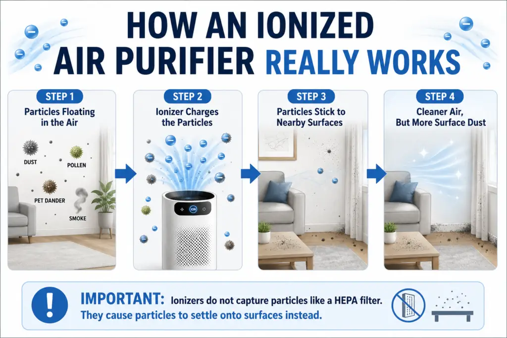 Infographic showing how an ionized air purifier charges airborne particles and causes them to settle onto nearby surfaces