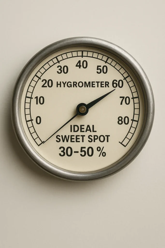 a picture of a hygrometer that says "idea sweet spot 30-50 percent"