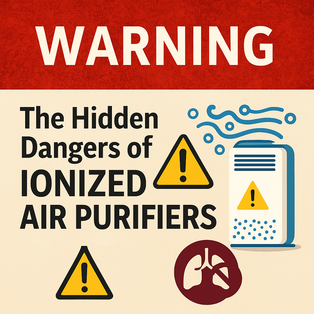 Warning graphic highlighting potential dangers of ionized air purifiers releasing ozone and ultrafine particles