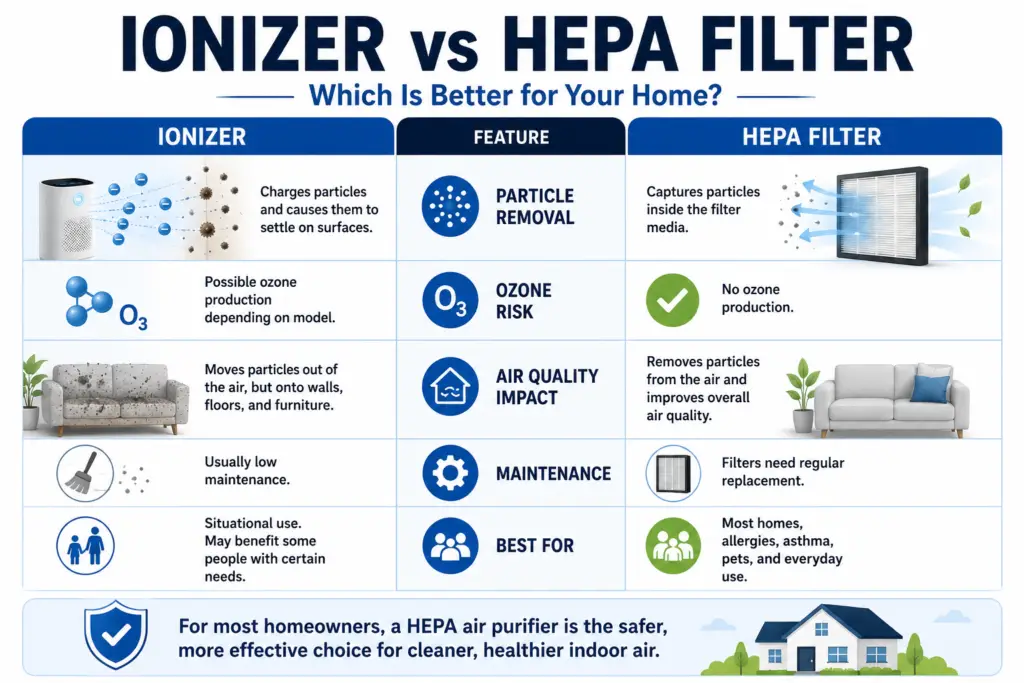 Comparison chart showing differences between ionizer and HEPA air purifier technologies