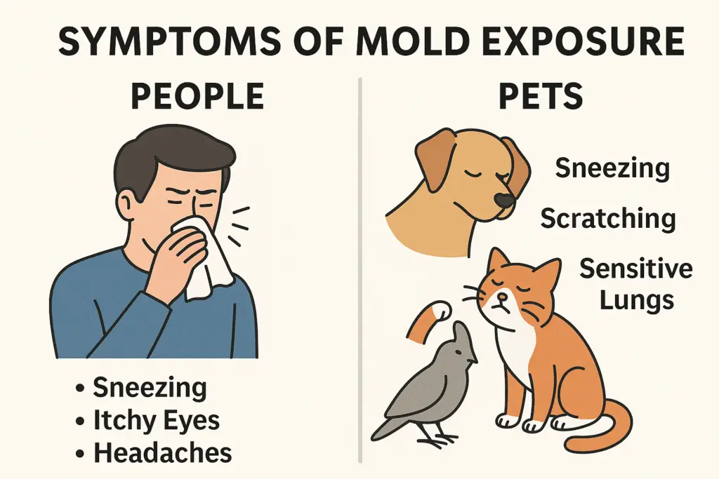 Infographic comparing mold exposure symptoms in people and pets, including sneezing, itchy eyes, headaches, scratching, and sensitive lungs.