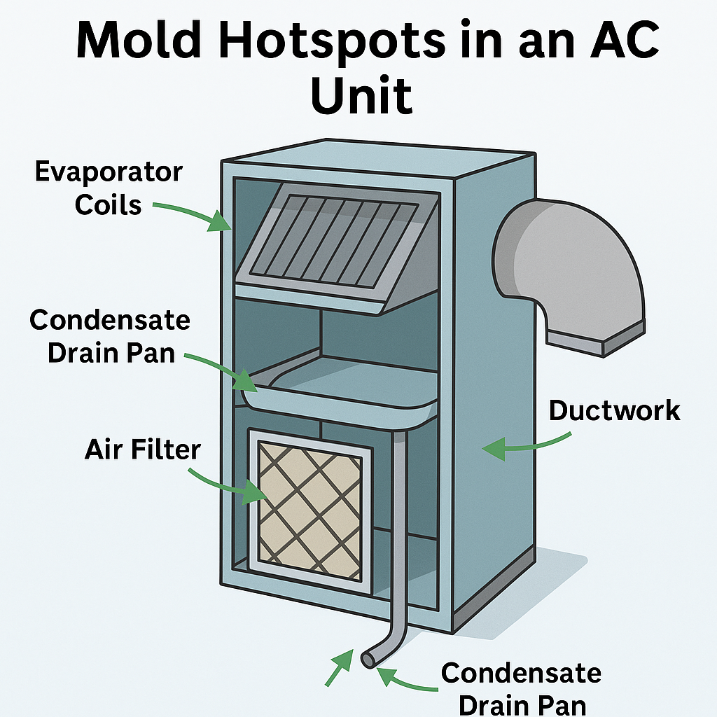Diagram showing mold hotspots in an AC unit, including evaporator coils, condensate drain pan, air filter, and ductwork.