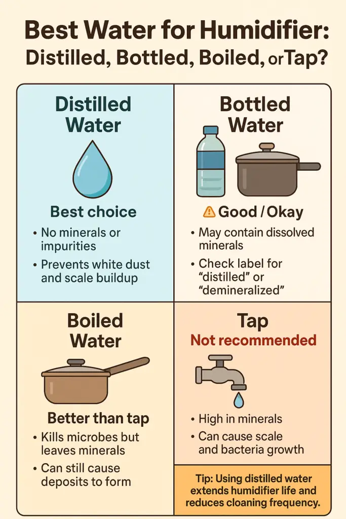  Infographic comparing distilled, bottled, boiled, and tap water for humidifier use, showing distilled as the best choice and tap water as not recommended, with pros and cons for each type.