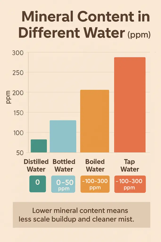 Bar chart showing the mineral content in distilled, bottled, boiled, and tap water in ppm, highlighting that distilled water has the lowest mineral content and tap water the highest.