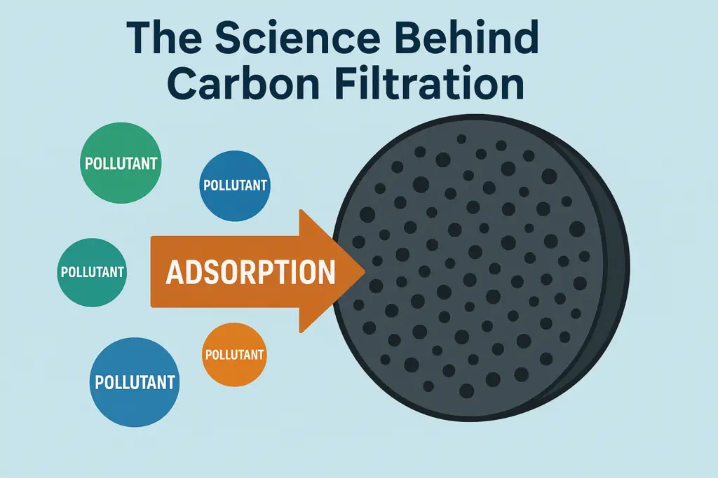 Timeline showing carbon filter lifecycle from fresh to saturated with replacement reminder