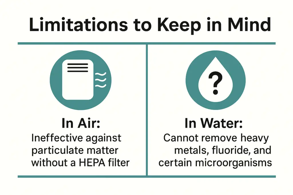 Infographic showing what carbon filters remove in air and water and their limitations