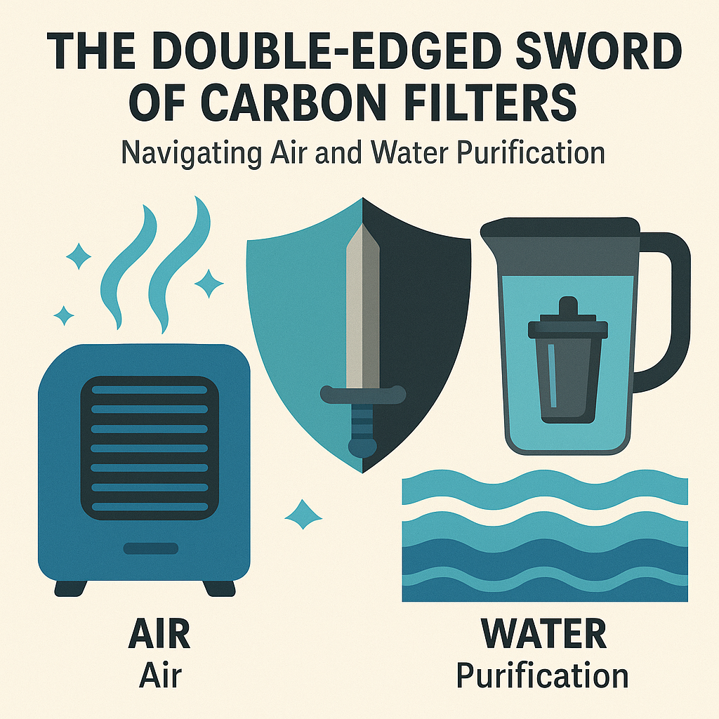 Venn diagram comparing carbon filters for odors and VOCs versus HEPA filters for dust and pollen