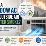 Window air conditioner installed in a window with wildfire smoke outside, illustrating how a standard window AC recirculates indoor air, releases heat outdoors, and does not normally pull outside air into the room or filter wildfire smoke.