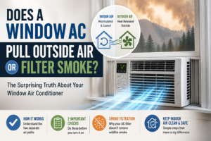Window air conditioner installed in a window with wildfire smoke outside, illustrating how a standard window AC recirculates indoor air, releases heat outdoors, and does not normally pull outside air into the room or filter wildfire smoke.