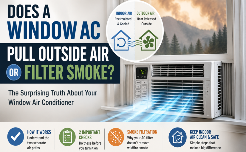 Window air conditioner installed in a window with wildfire smoke outside, illustrating how a standard window AC recirculates indoor air, releases heat outdoors, and does not normally pull outside air into the room or filter wildfire smoke.
