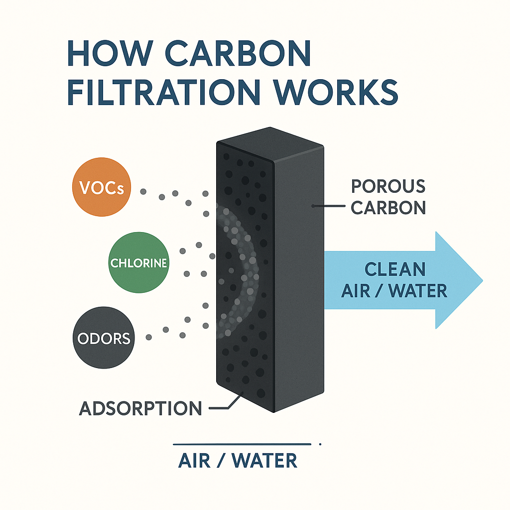 Diagram showing how carbon filters trap VOCs, chlorine, and odors through adsorption