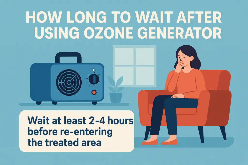 Flat illustration showing a woman waiting near an ozone generator with text: wait at least 2–4 hours before re-entering the treated area 