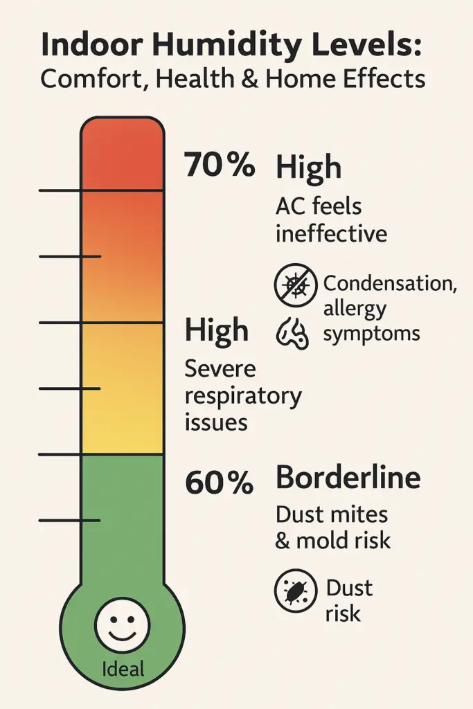 Infographic showing indoor humidity levels from 40% to 80% with color-coded zones and effects. Green (40–60%) is ideal, yellow (60%) is borderline with dust mite and mold risk, orange (70%) is high with AC inefficiency and allergy symptoms, and red (80%) is very high with severe respiratory issues and property damage.