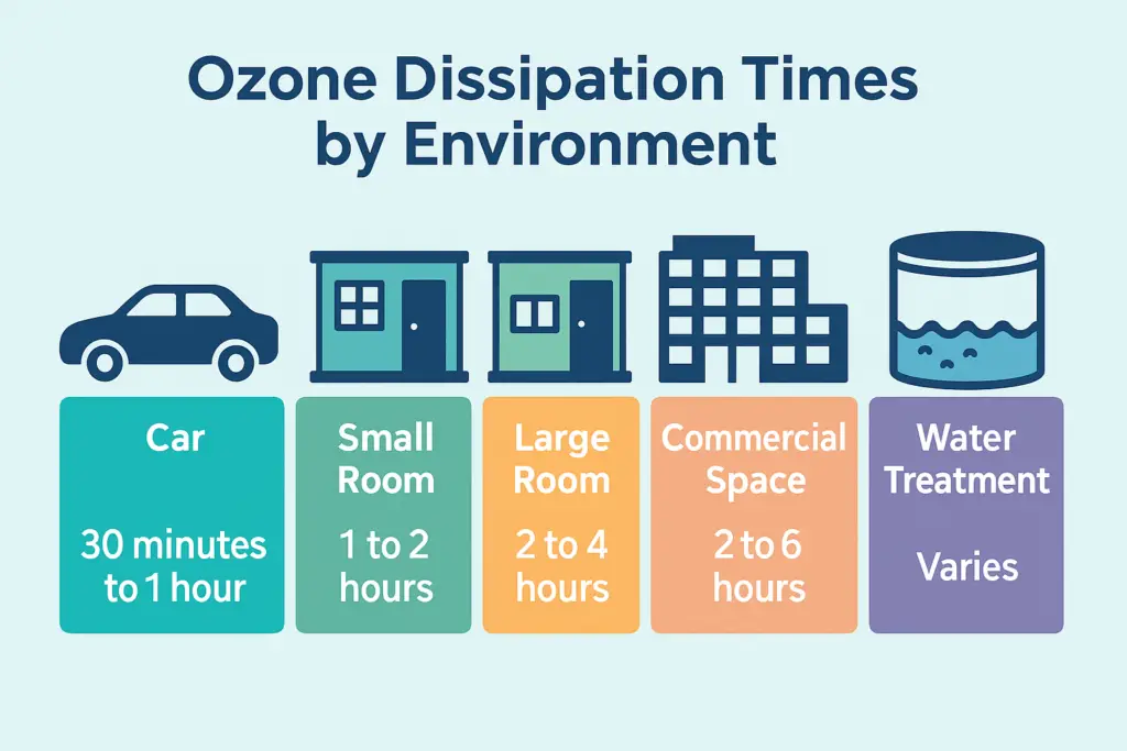 Infographic showing ozone dissipation times: car (30 minutes to 1 hour), small room (1 to 2 hours), large room (2 to 4 hours), commercial space (2 to 6 hours), water treatment (varies) 