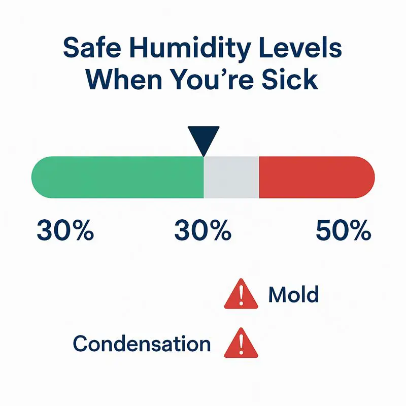 safe indoor humidity levels when sick showing ideal 30 to 50 percent range with warnings for mold and condensation
