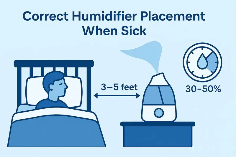 correct placement of a cool mist humidifier near the bed when sick showing 3 to 5 feet distance and ideal humidity levels 
