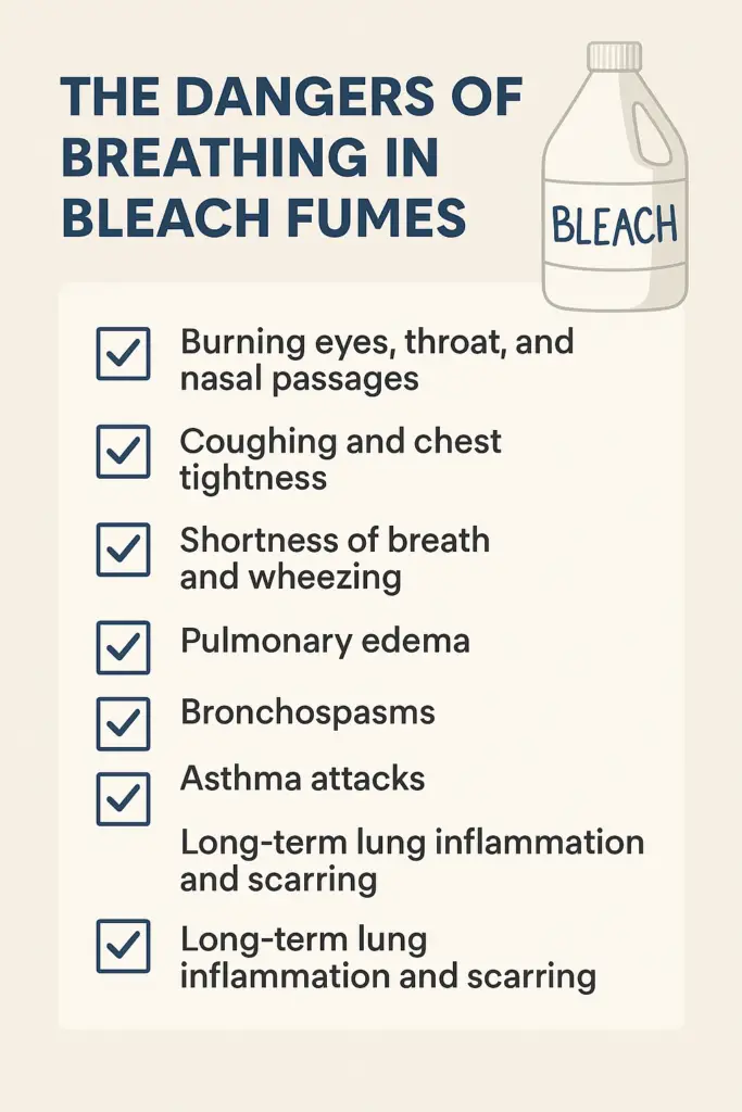 Checklist infographic showing the dangers of breathing in bleach fumes, including burning eyes, coughing, shortness of breath, and pulmonary edema