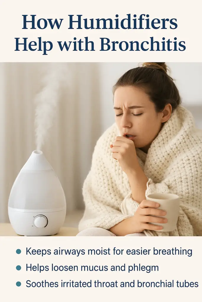 Realistic infographic showing a woman with bronchitis sitting near a running humidifier, with bullet points on how it keeps airways moist, loosens mucus, and soothes the throat.
