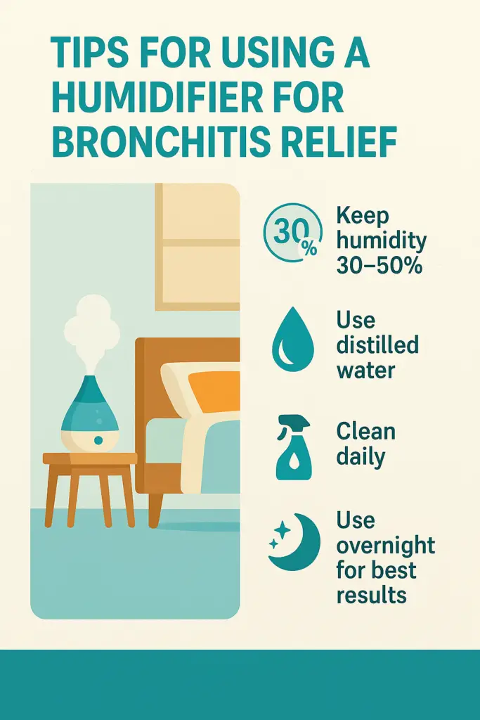 Flat-style instructional infographic showing a humidifier in a bedroom and four tips for bronchitis relief: maintain 30–50% humidity, use distilled water, clean daily, and use overnight for best results.