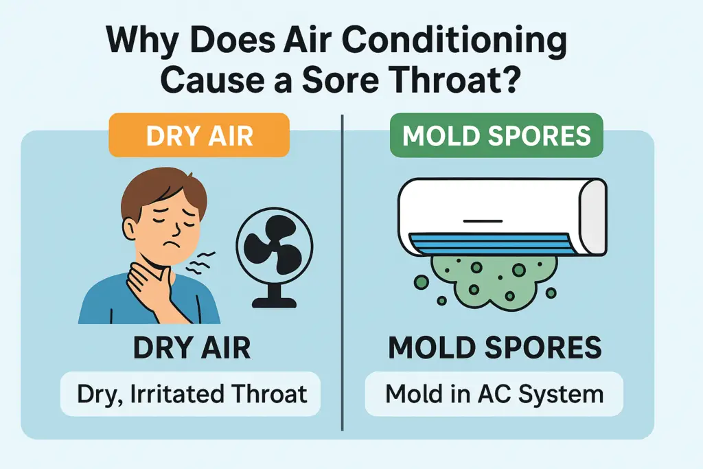 Illustration comparing dry air and mold spores as causes of sore throat from air conditioning