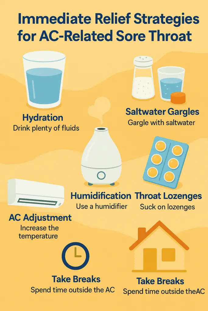 Infographic showing immediate relief strategies for sore throat caused by air conditioning, including hydration, humidification, and lozenges