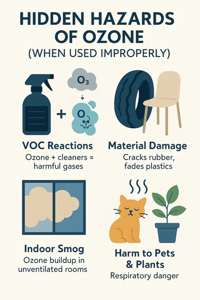 Infographic showing hidden hazards of ozone misuse: VOC reactions, material damage, indoor smog, and harm to pets or plants