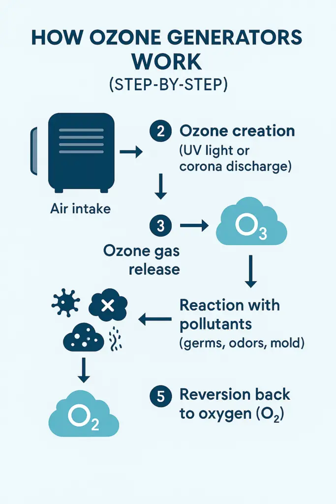 Step-by-step infographic showing how ozone machines work, from air intake to ozone release and pollutant oxidation