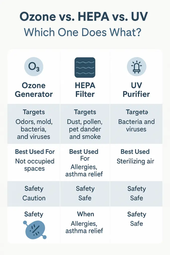 Side-by-side infographic comparing ozone generators, HEPA filters, and UV purifiers by target pollutants, use case, and safety level