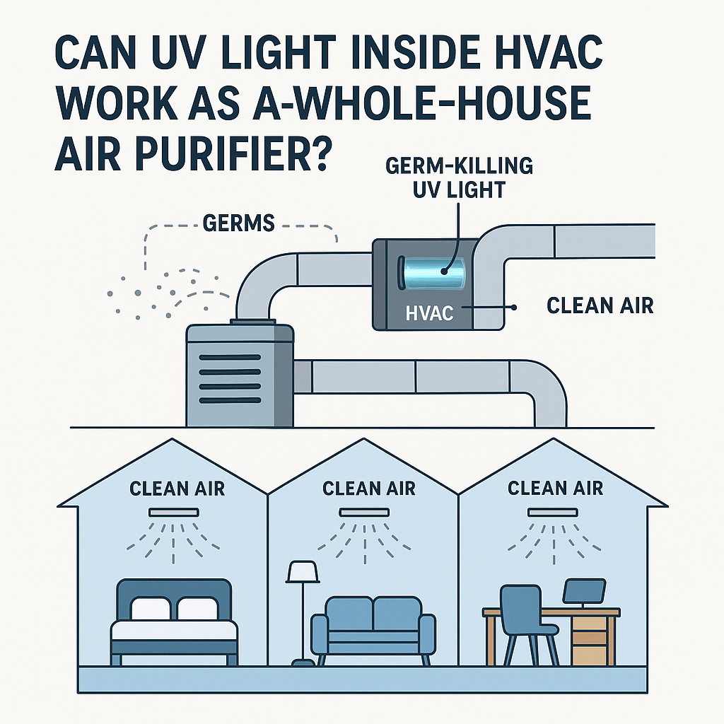 Illustration of HVAC system using UV light to kill germs and distribute clean air to every room in a house