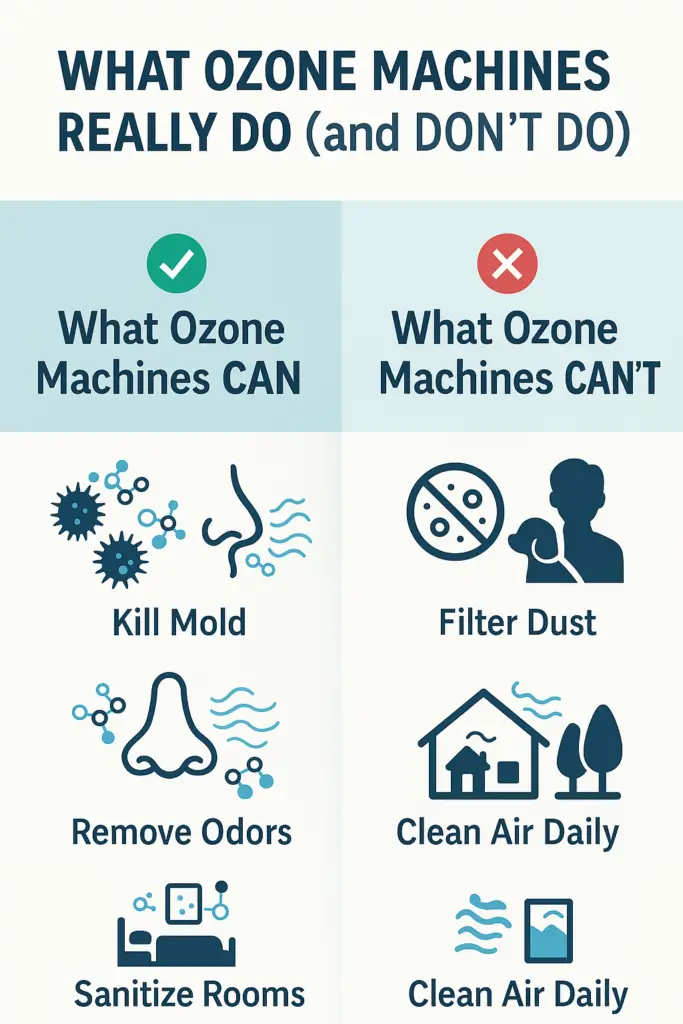 Infographic comparing what ozone machines can and can’t do, including killing mold and odors vs. not filtering dust or being safe in occupied spaces