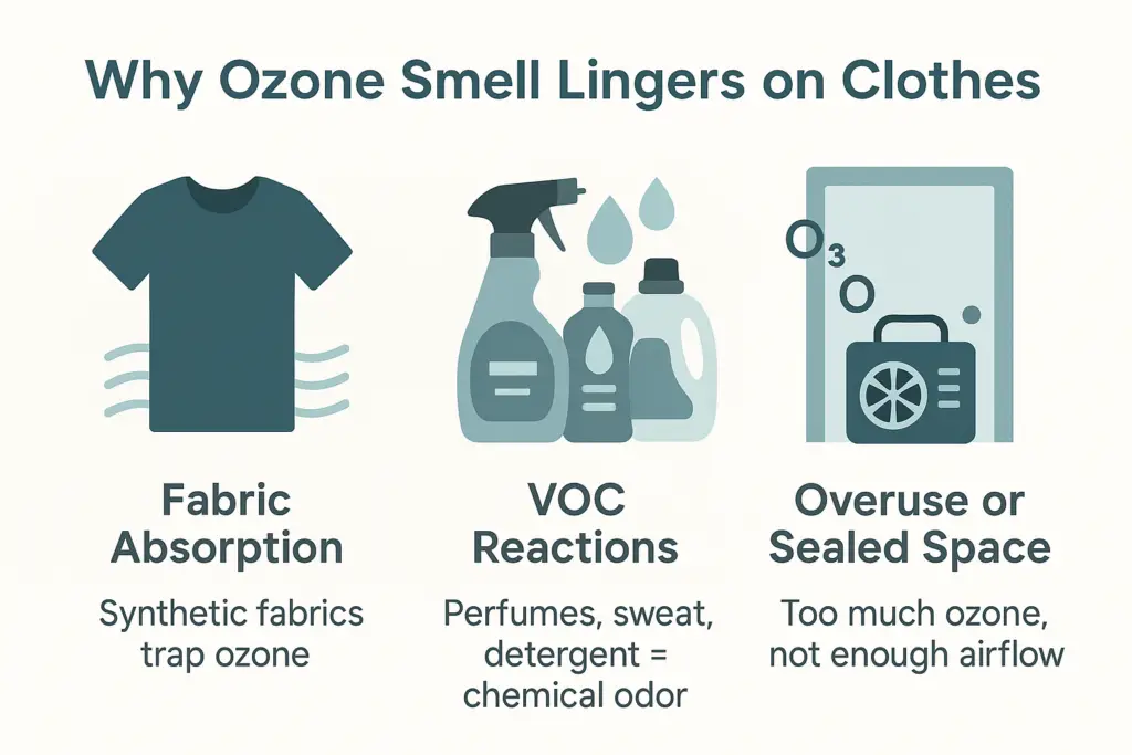 Infographic explaining why ozone smell clings to clothes: fabric absorption, VOC reactions, and overuse in sealed rooms