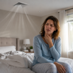 Person sitting on the edge of a bed with a sore throat while cool air from a ceiling vent blows overhead.