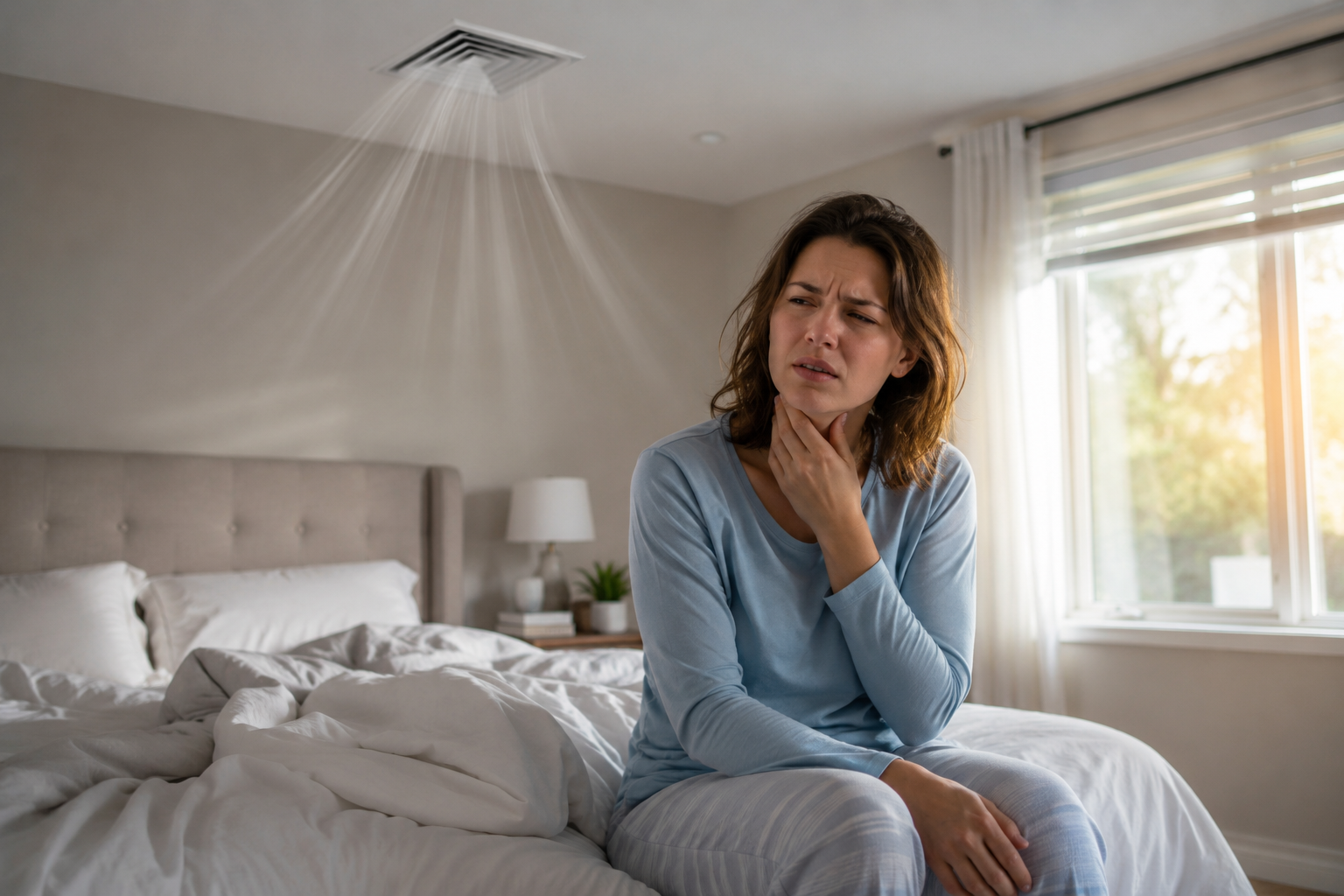 Person sitting on the edge of a bed with a sore throat while cool air from a ceiling vent blows overhead.