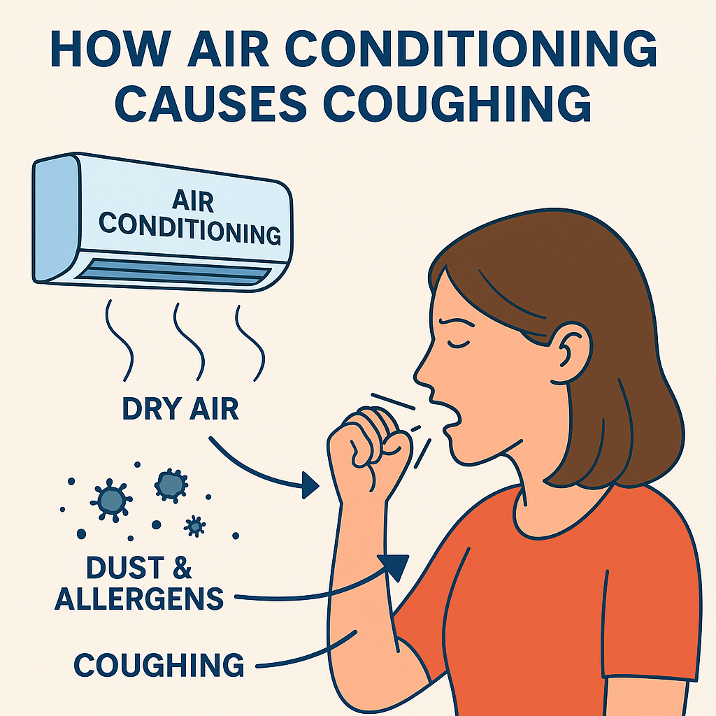 Illustration showing how air conditioning causes coughing by releasing dry air, dust, and allergens into the room