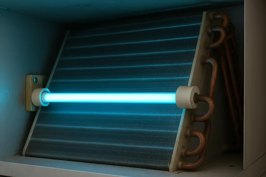 Close-up of UV light mounted above HVAC evaporator coil for mold control