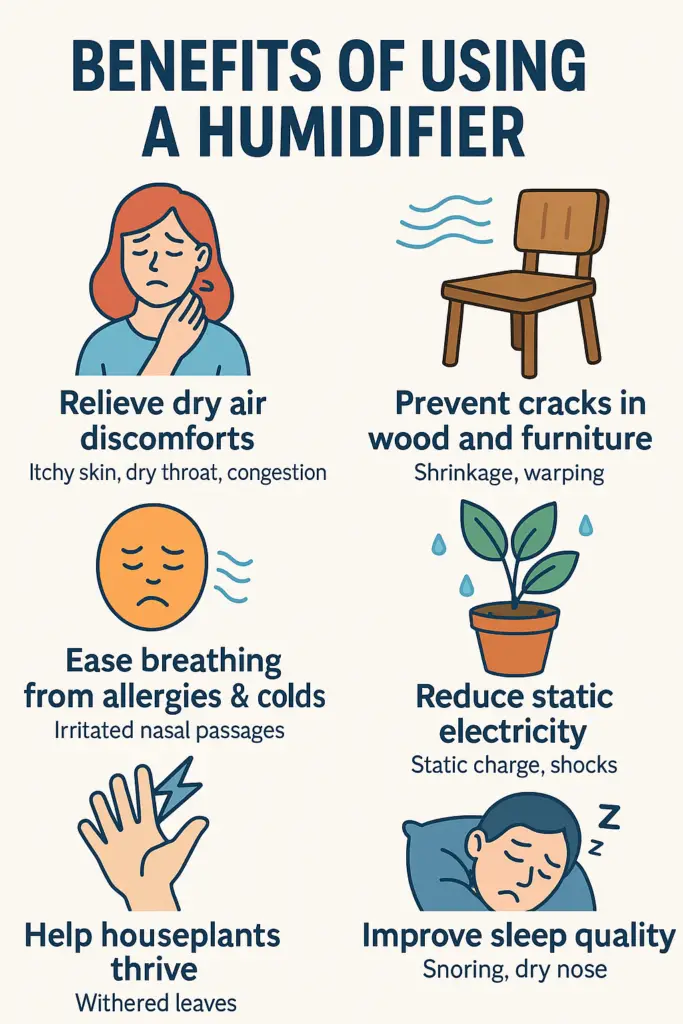 Graphic showing benefits of maintaining humidity with a humidifier
