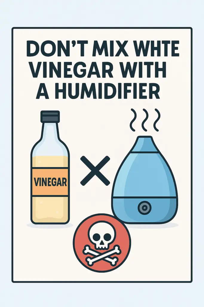Warning graphic showing a bottle of vinegar and a humidifier with an X symbol and skull icon to highlight potential risks.