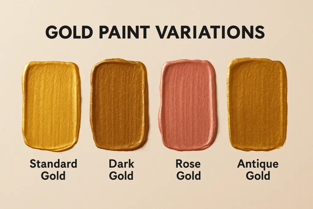 Swatches of standard gold, dark gold, rose gold, and antique gold on off-white background