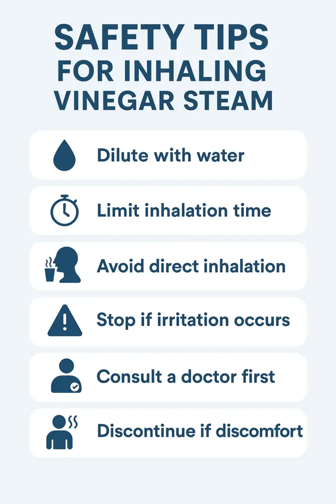 Vertical infographic listing 6 safety tips for inhaling vinegar steam, including dilution, distance, and stopping if irritation occurs.