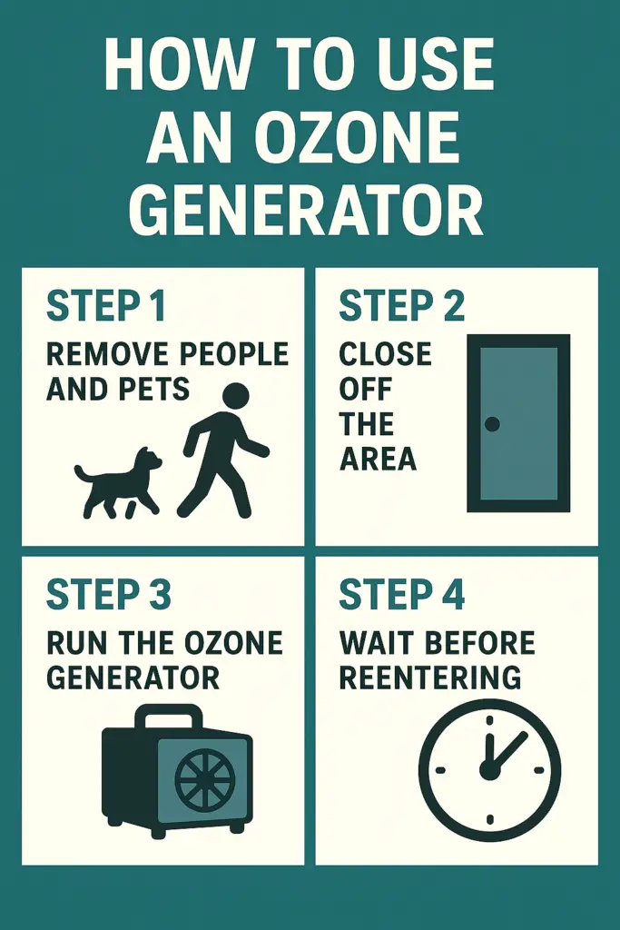 Step-by-step visual showing how to use an ozone generator: remove people and pets, seal off the room, run the generator, and wait before re-entering.