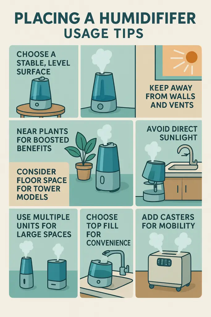 Humidifier placement tips – best practices for placing humidifiers on stable surfaces, away from vents and electronics